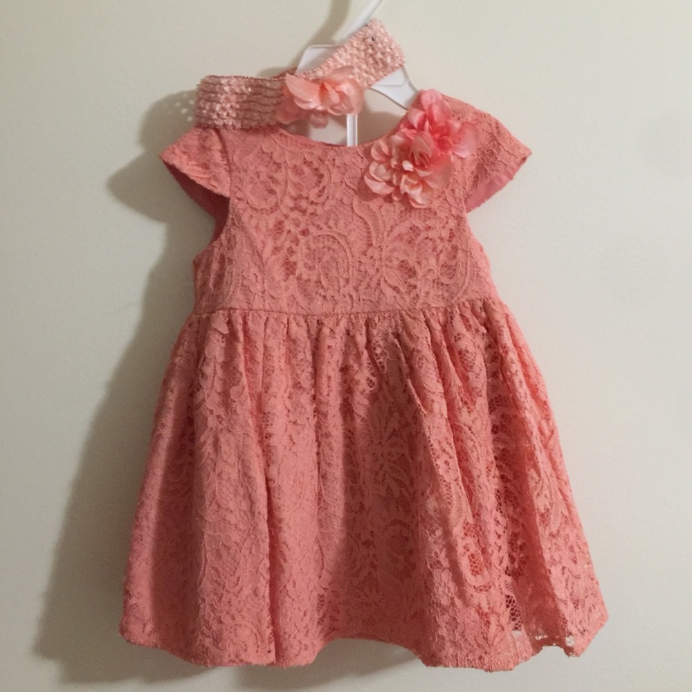 Peach lace dress with headband 18M